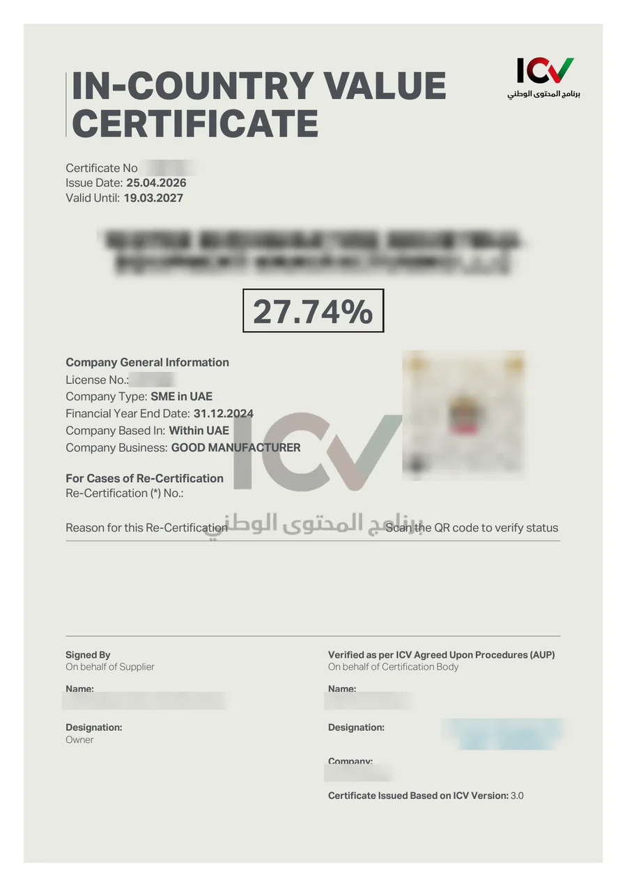 An issued ICV certificate showing a 27.74% ICV score; company name, licence, certificate number, names and QR code are blurred