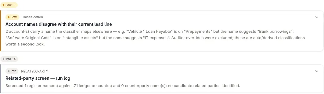 Audit Intelligence findings: a classification inquiry and the related-party screen run log