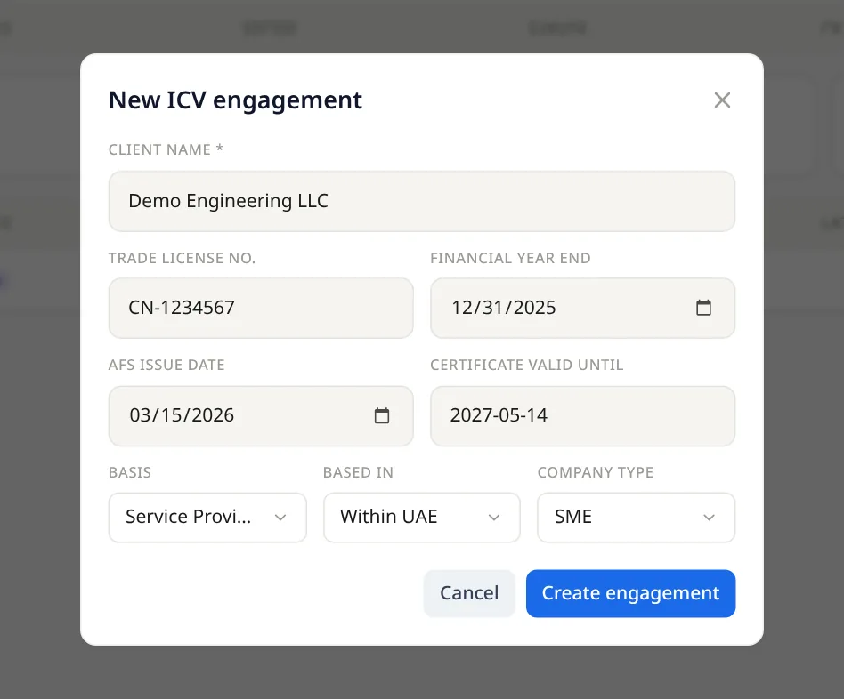BRev ICV — Create the engagement: the real screen, on sample data