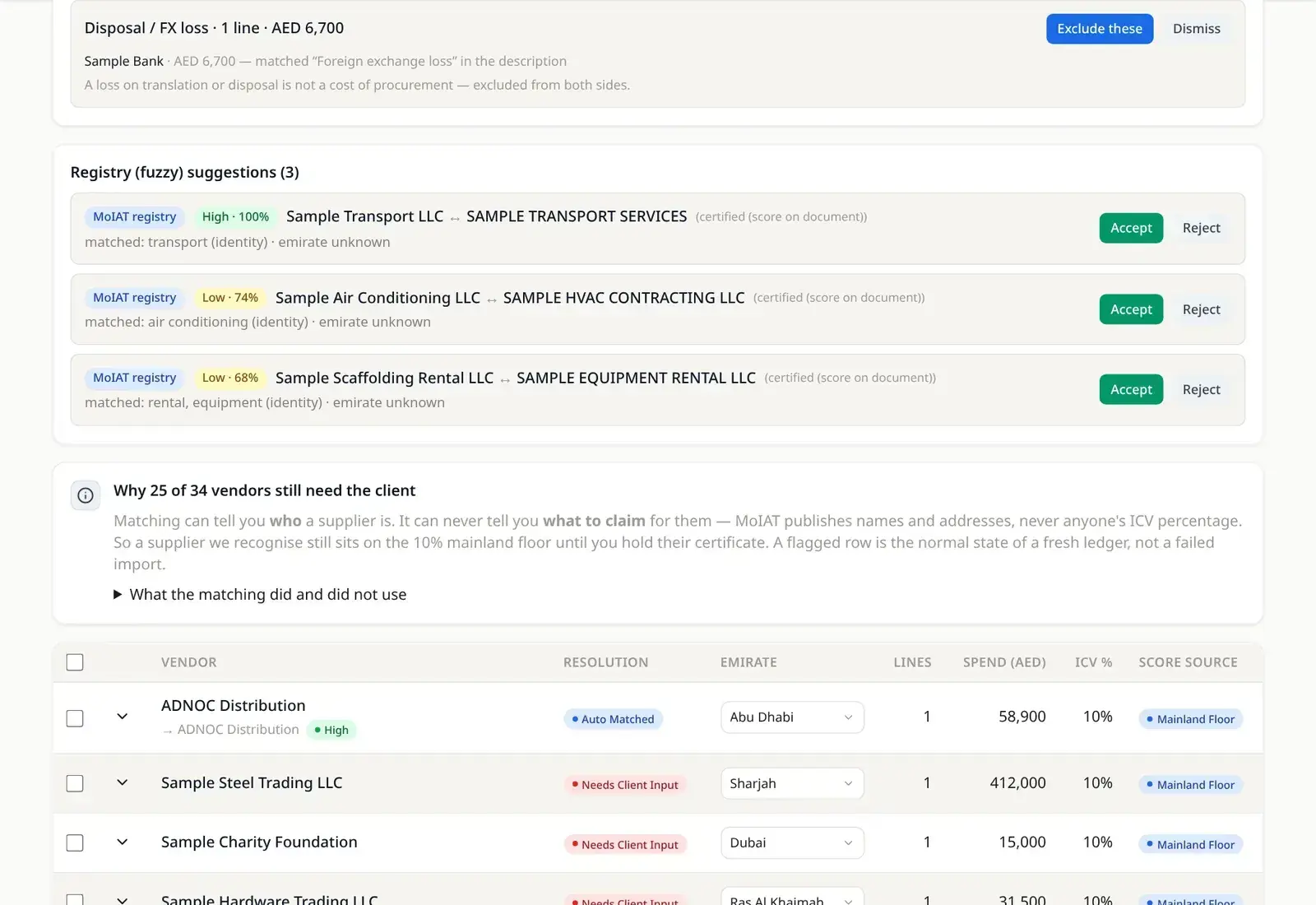 BRev ICV — Match & enrich suppliers: the real screen, on sample data