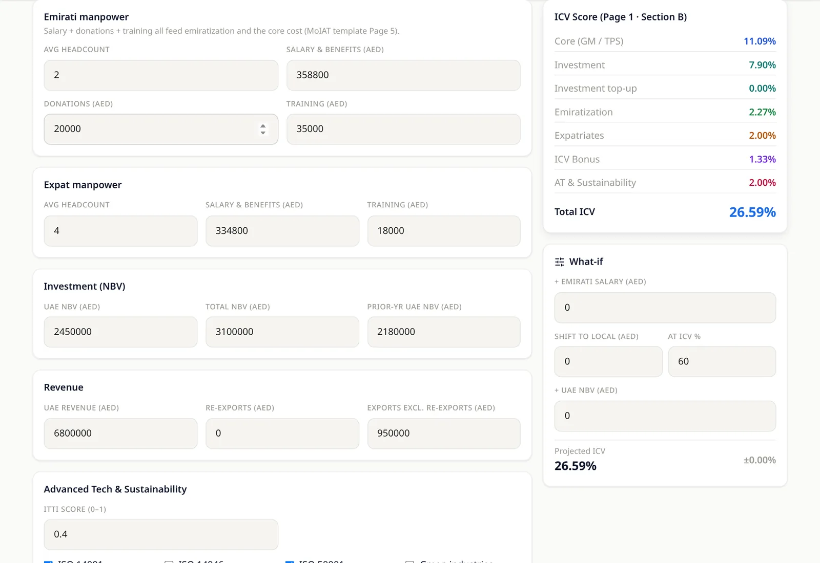 BRev ICV — Inputs: the real screen, on sample data