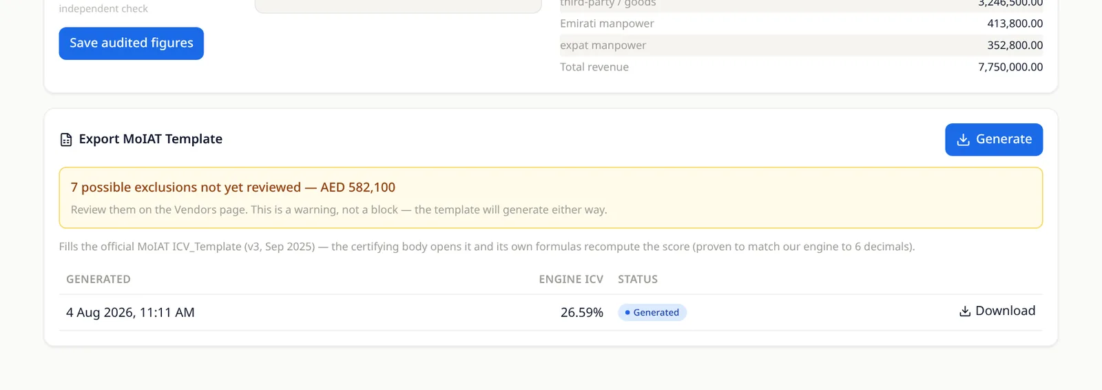 BRev ICV — Export: the real screen, on sample data
