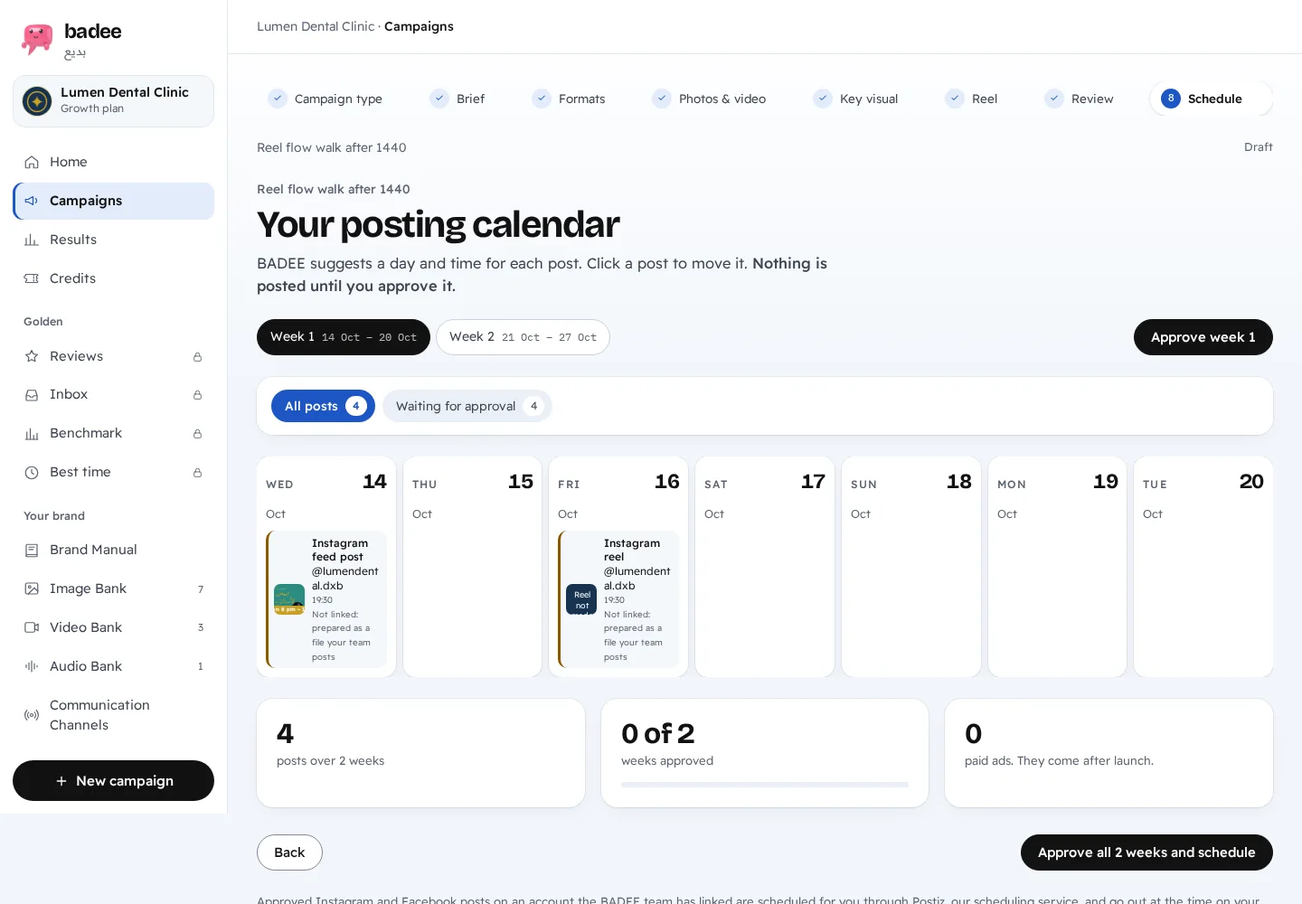 Badee app: a two-week posting calendar for a demo clinic with Instagram posts and a Reel, and an Approve week button