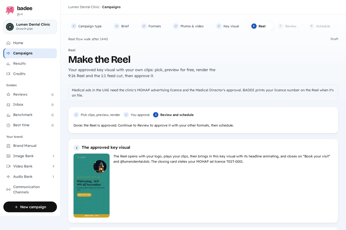 Badee app: the Reel step for a demo clinic — the approved key visual becomes a Reel with the clinic’s own clips, and the clinic’s advertising licence is printed on the closing card