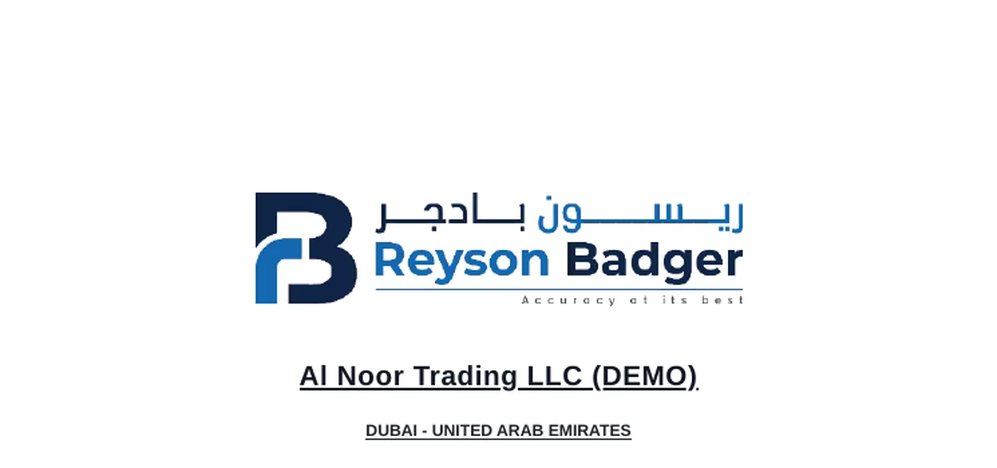 Cover of a draft audit report produced by BRev Audit for a demo company, Al Noor Trading LLC (DEMO), under the Reyson Badger letterhead