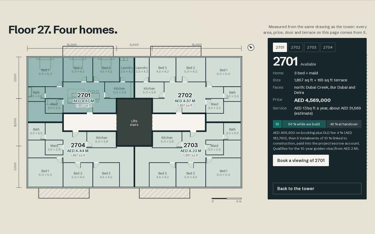 Tabaq 38 floor plan: four homes with room sizes in metres, dimension chains, the lift core and a price card for home 2701