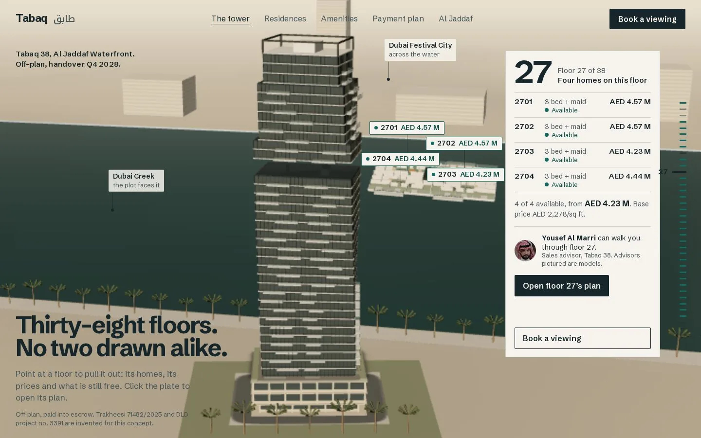 Tabaq 38 website: a 3D tower on Dubai Creek with floor 27 pulled out, four homes and their prices on the plate